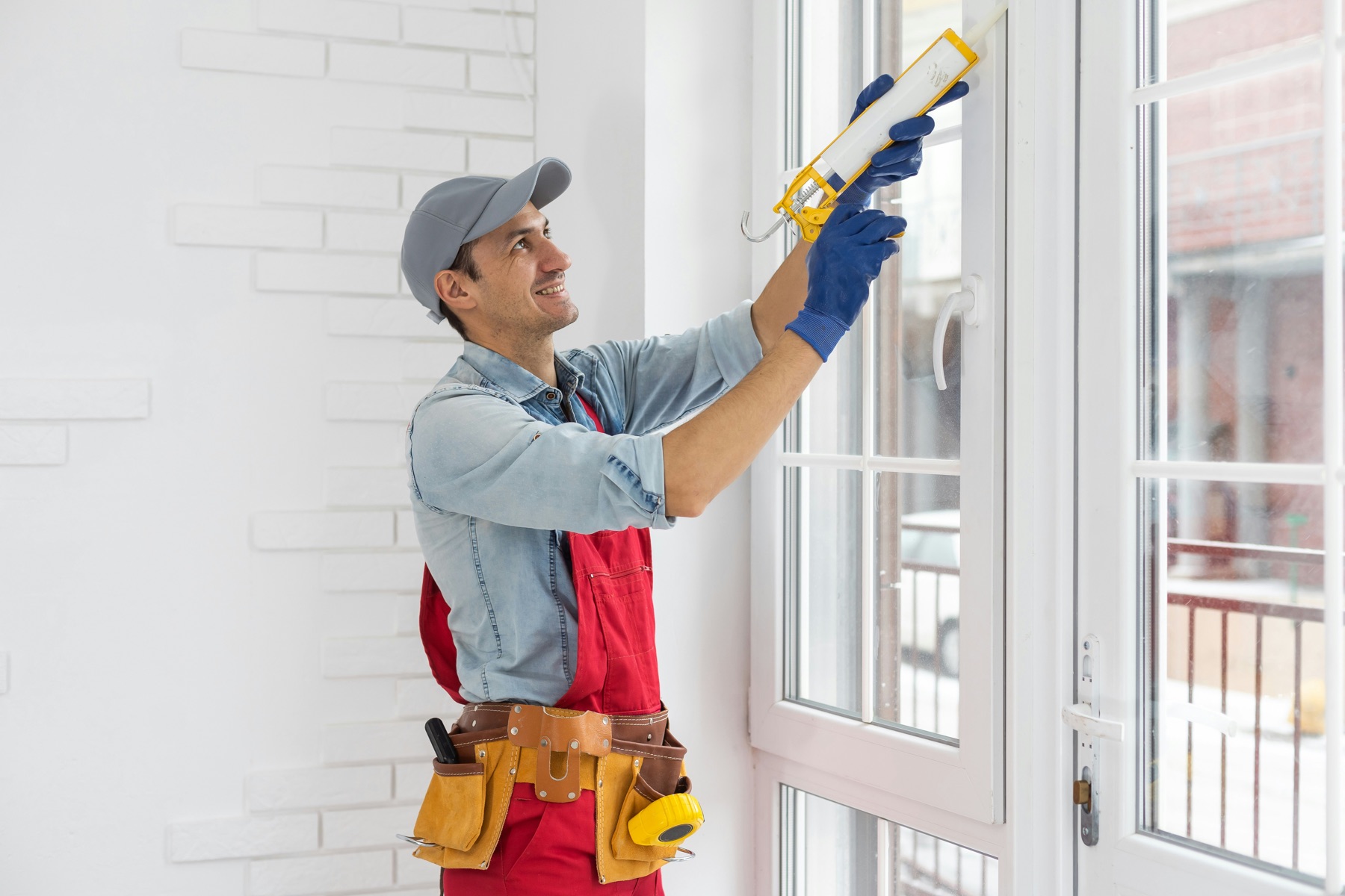 A handyman measuring a door frame