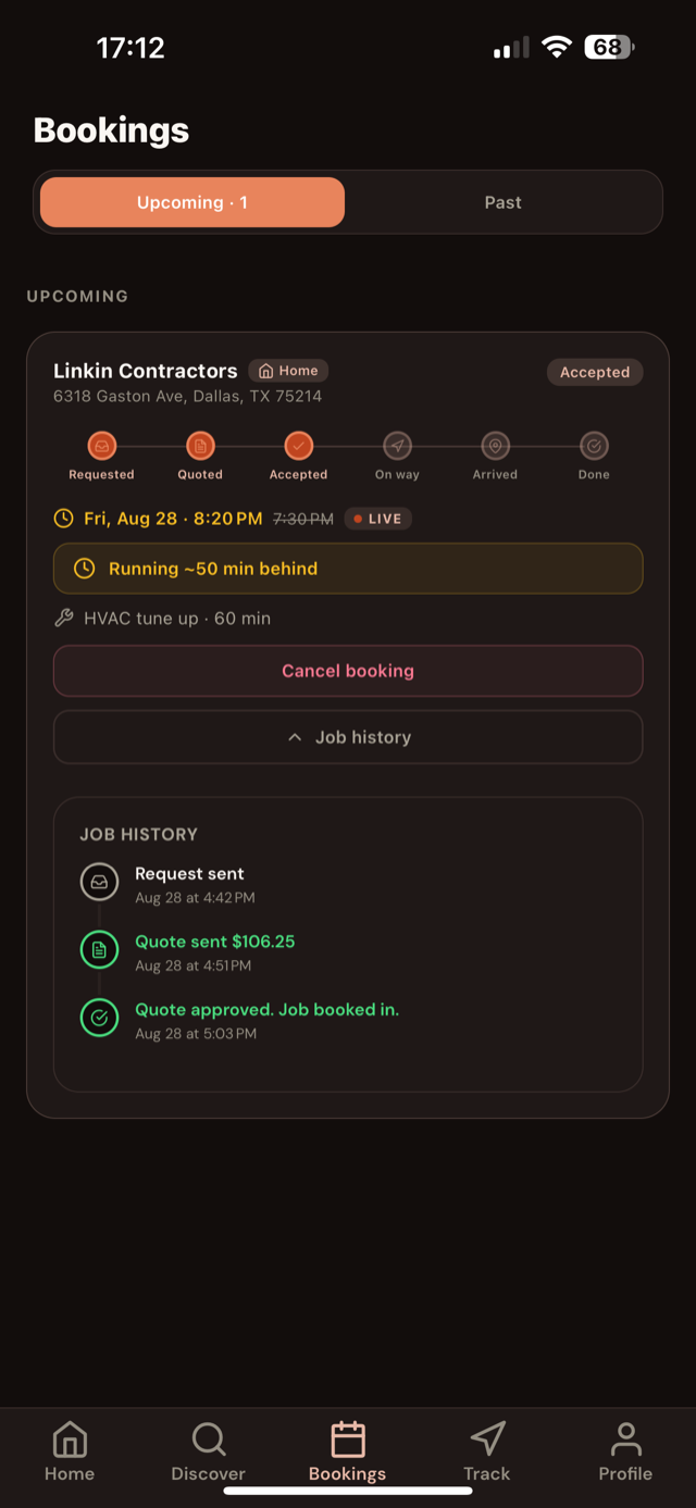 Zafvio booking screen: appointment moved from 7:30 PM to 8:20 PM with a "Running ~50 min behind" notice