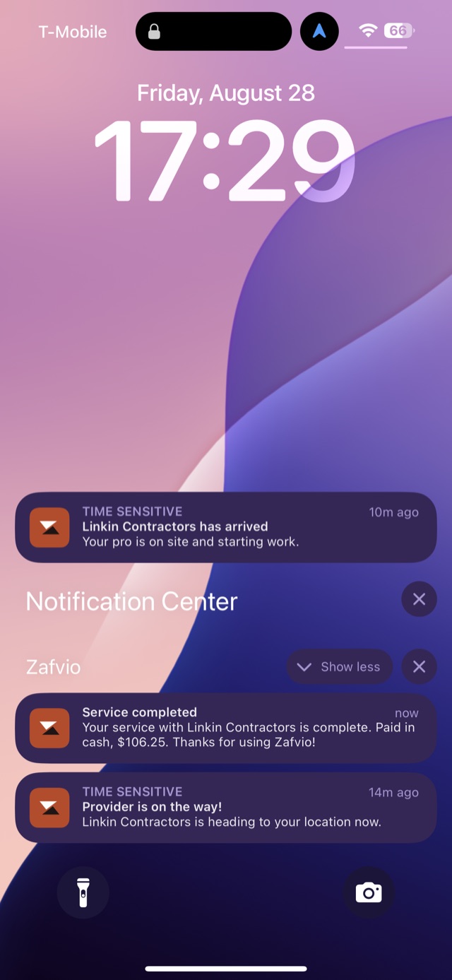 iPhone lock screen with Zafvio notifications: provider on the way, arrived, and service completed
