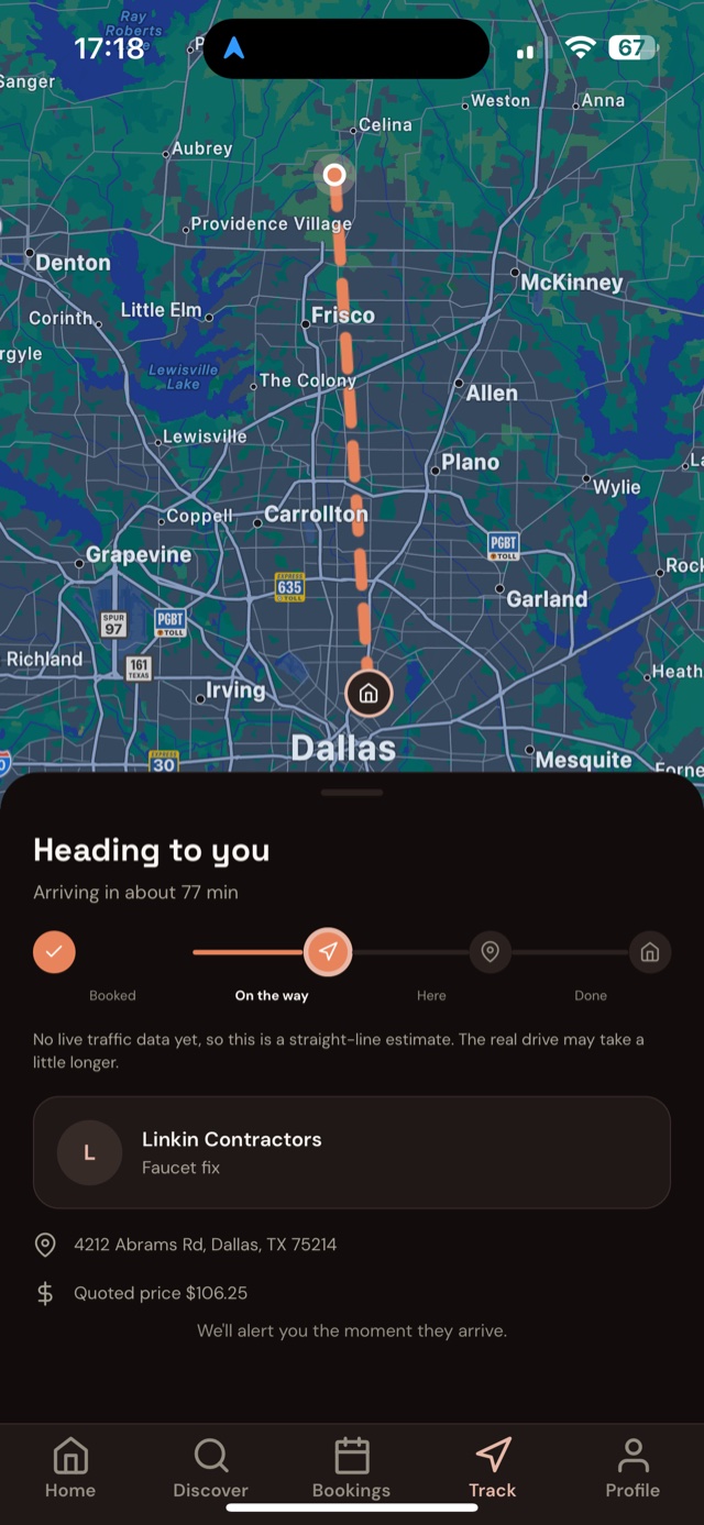 Zafvio track screen: live map with the route to your home and the ETA updating while the pro drives