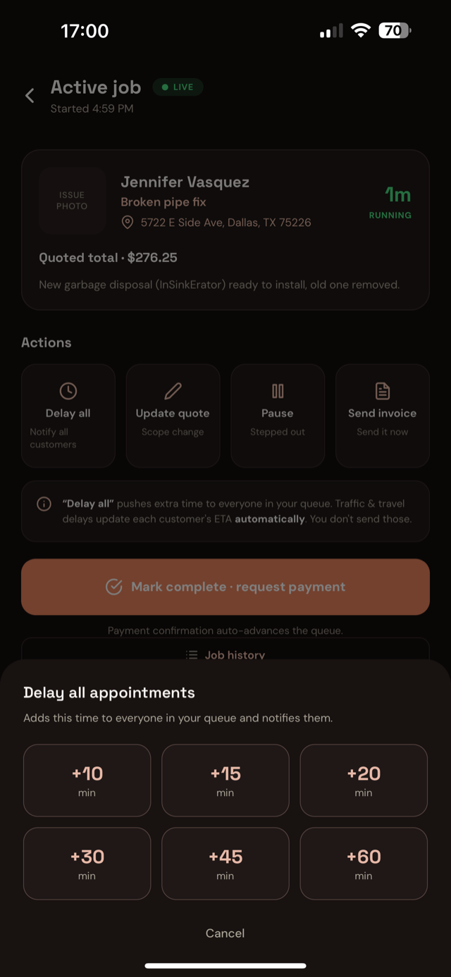 Zafvio Pro delay sheet: one tap adds 10 to 60 minutes to everyone in the queue and notifies them